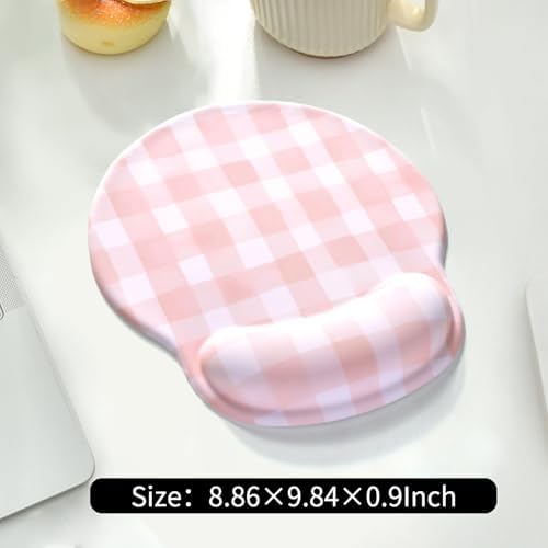 Retro Checkered Mouse Pad with Support Wrist Rest,Cute Funny Boho Ergonomic Mouse Pad with Non-Slip Base for Office Gaming Working Computers,Desk Accessories Pain Relief,Pink