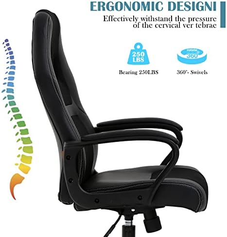 Black Ergonomic Gaming Chair - Adjustable High Back & Armrest, PU Leather, 360 Swivel, Heavy Duty for Kids, Teens & Adults