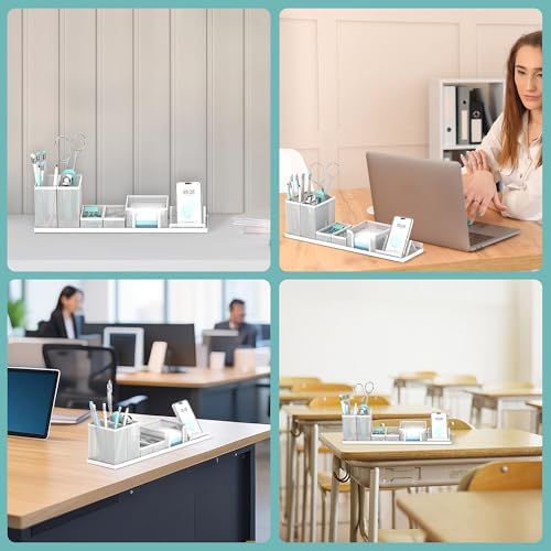 Pen Holder for Desk, 6-Piece Mesh Desk Organizer with Phone Holder, White