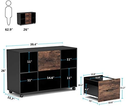 Tribesigns 2 Drawer File Cabinet, Large Mobile Lateral Filing Cabinet for Letter Size, Printer Stand with Storage Shelves and Rolling Wheels for Home Office (Black/Rustic)