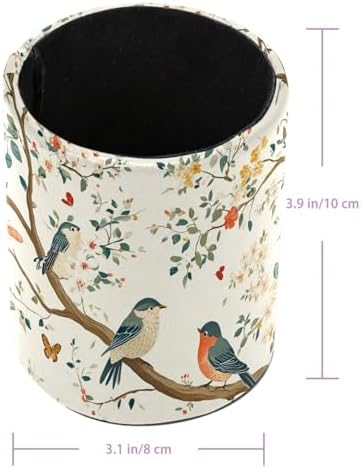 Leather Pen Holder for Desk, Birds Branches Butterflies Pencil Cup Pen Organizer Makeup Brush Holder for Office Home Kids Countertop Desk Accessory Storage