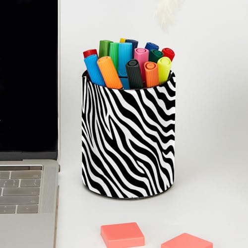 Leather Pen Holder for Desk, Zebra Print Pencil Cup Pen Organizer Makeup Brush Holder for Office Home Kids Countertop Desk Accessory Storage