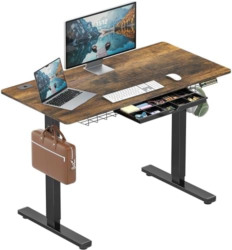 SHW 48-Inch Electric Height Adjustable Standing Desk w/Drawer, Rustic Brown