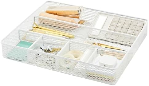 Annova Desk Top Organizer Tray for Office Organization - Metal Mesh - Storage Tray with Dividers for Pens, Desktop Accessories, Bathroom, Kitchen, Makeup and Office Supplies (Large, White)