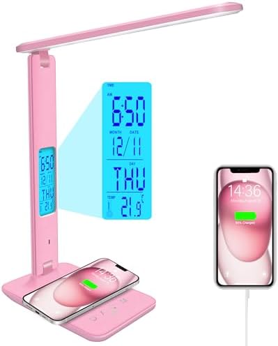 Desk Lamp with Wireless Charger，USB Charging Port, Dimmable Office Desk Light with Clock, Alarm, Date, Temperature, Foldable Lamp for Table Bedroom Bedside Office (Pink, Standard Size-13.3 inch)