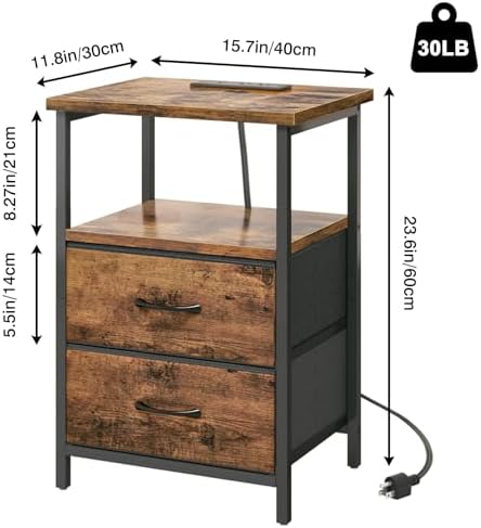 Fixwal Night Stand with Charging Station, 2 Fabric Drawers, Rustic Brown