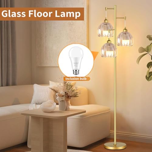 Gold Floor Lamps for Living Room Vintage Floor Lamp with Glass Lmapshape & Three Led Bulb,Green Floor Lamp Brass Mid Century Modern Standing Lamp Tall Tree Flower Floor Lamps for Bedroom,Office,Corner