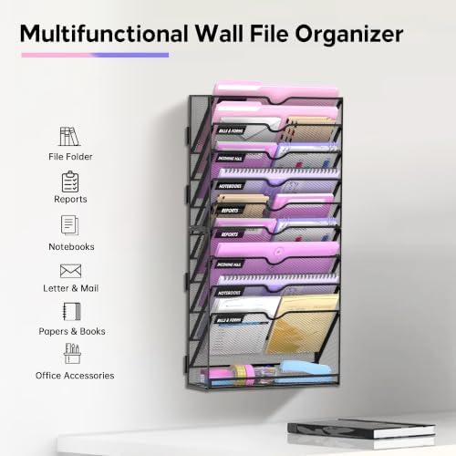 SUPEASY 10-Tier Wall File Organizer with Base, Wall Mounted File Holder