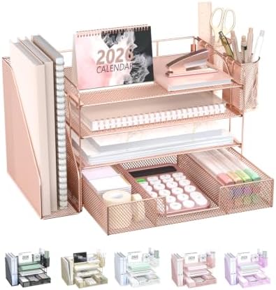 WALI Desk File Organizer, 4 Tier Desktop Paper Letter Tray Organizer with Drawer and 2 Pen Holders, Office Desk Accessories & Workspace Organizers for Office, Home, School Supplies, 1 Pack, Rose Gold