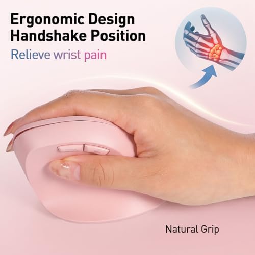 Wireless Ergonomic Mouse, Bluetooth and 2.4GHz USB-A Wireless Vertical Mouse, 800/1200/1600 Adjustable DPI, Quiet Clicks,6 Buttons, Compatible for Laptop/MacBook/PC/Desktop-Pink