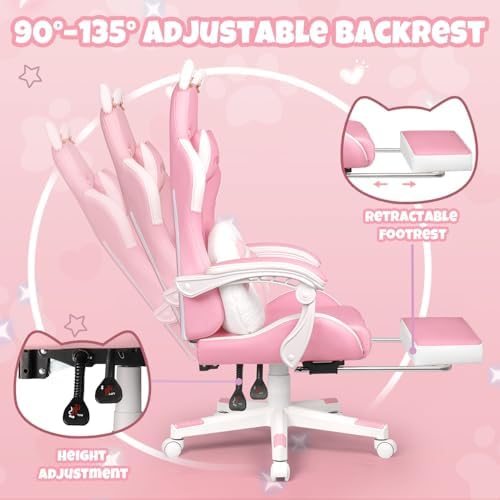 Pink Gaming Chair with Cat Ears & Footrest, Ergonomic Gaming Computer Desk Chair with Cat Paw Lumbar Support & Linked Armrests - Cute PU Leather Game Chair for Girls Adults