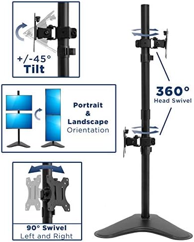 Mount-It! Vertical Dual Monitor Stand, Freestanding Stacked Monitor Mount for 2 Screens 17–32", Height Adjustable, Tilt Swivel Rotate, Portrait or Landscape, Holds 17.6 lbs per Arm, No Desk Clamp Needed