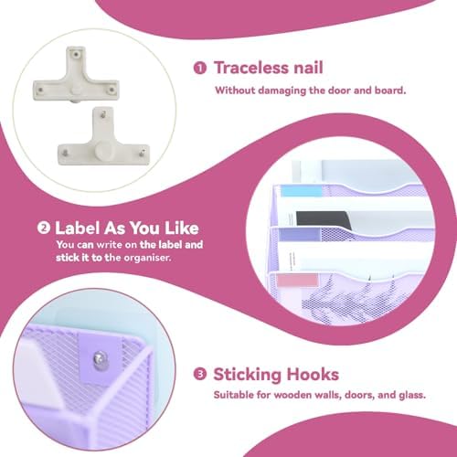 3 Pockets Mesh Wall File Holder Organizer Office Hanging File Folder Magazine Rack, Nametag Label Hooks Set Included (Purple)