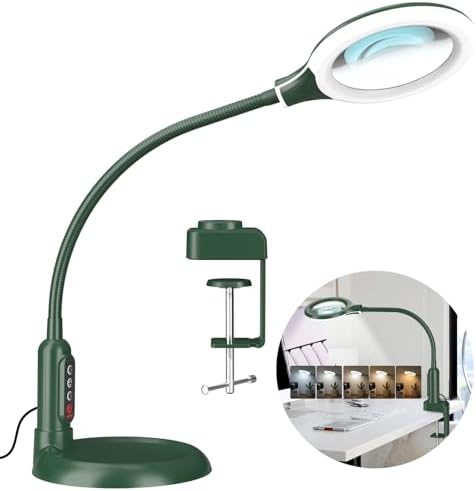 10X Magnifying Glass with Light and Clamp, 5 Color Modes Stepless Dimmable Lighted Magnifier with Stand, Flexible Gooseneck LED Desk Lamp Hands Free for Craft Painting Hobby Close Work - Green