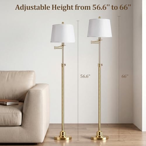 Vintage Floor Lamp for living room, Brushed Antique Brass Farmhouse Standing Lamp with 350° Swivel Swing Arm, 56.6''-66'' Mid Century Modern Height Adjustable Tall Lamp for Bedroom (LED Bulb Included)