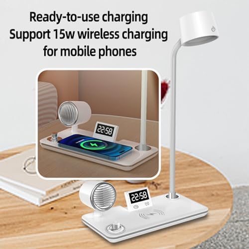 AYI Multifunctional Desk Lamp with Wireless Charger, Bluetooth Speaker, Digital Alarm Clock, Dimmable RGB LED, Brightness & Angle Adjustable for Home Office Bedroom, HYT1772 White.