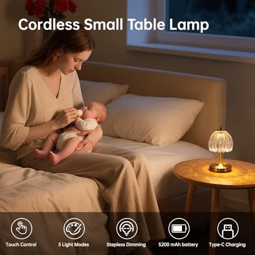 Shenmoyl Set of 2 Tulip Table Lamp with 5200mAh Battery & Touch Control, Cordless Small Table Lamp with 3 Colors, Rechargeable Battery Operated Table Lamps for Nightstand, Bedroom (Transparent Tulip)
