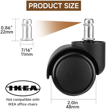 2 Inch Wheels for Office Chairs Replacement, 5PCS Mute Heavy Duty Rubber Rotating Computer Desk Chair Caster, Safe for All Wood Floors Carpet, Universal Standard Stem Size Fits 99%