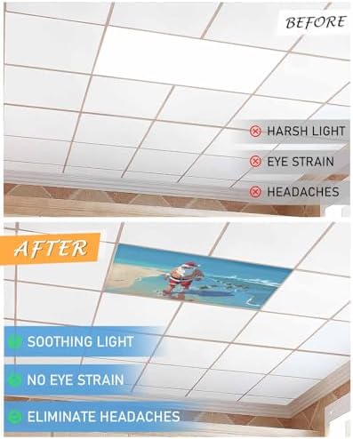 Beach Christmas Magnetic Fluorescent Light Covers for Ceiling Lights 2 x 4 Feet,Coastal Ocean Turtle Santa Claus Blue Office Classroom Kitchen Drop Ceiling Light Covers Filters Shade Panel 3 Packs
