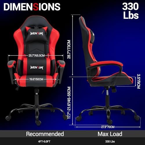 Ergonomic Massage Gaming Chair for Kids Adults, Comfy PU Leather Office Desk Chair with Adjustable Headrest Lumbar Support 360° Swivel, Red