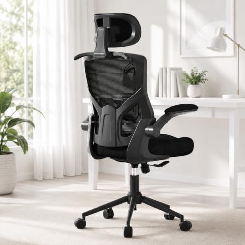Office Desk Chair for Long Hours & Back Pain Relief – 4“ Thick Molded Foam Cushion, Enhanced Lumbar Support, Padded Flip-up Armrests, Ideal for Office or Study (Black-HR)