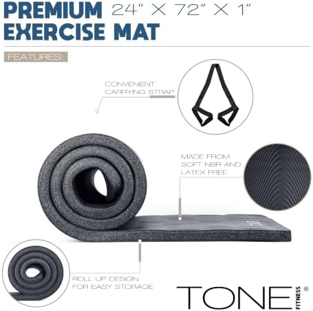 Tone Fitness 1" Extra Thick Yoga Mat, Exercise & Pilates Mat with Strap