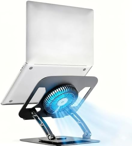 Adjustable Laptop Cooling Stand, 3-Speed Fan with RGB, 360° Rotating Base, Carbon Steel Foldable Laptop Riser, Ergonomic Height & Angle Adjustable Cooling Pad for Laptops & Tablets Up to 16” (Black)