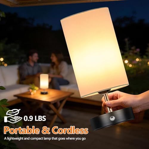 Black Cordless Table Lamp Rechargeable, 6000mAh Battery Operated Bedside Lamps, Portable LED Desk Lamp with Stepless Dimming, Wireless Lamp with White Shade, Modern Touch Small Night Light for Bedroom