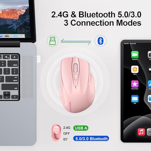 TECKNET Wireless Mouse, BT 5.0/2.4G, Rechargeable 6-DPI Silent, Pink