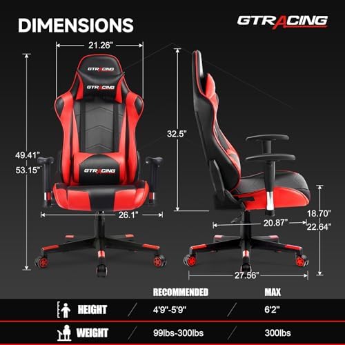 GTRACING Gaming Chair with Reclining Backrest, Adjustable Height and Swivel Base, Ergonomic Computer Chair with Headrest and Lumbar Support (Red)