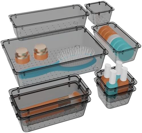 WOWBOX 8 PCS Clear Plastic Drawer Organizer Set, 4 Sizes Desk Drawer Organization and Storage Containers for Makeup, Cosmetics, Jewelry and Gadgets in Kitchen, Bathroom, Bedroom, Office, Clear Black