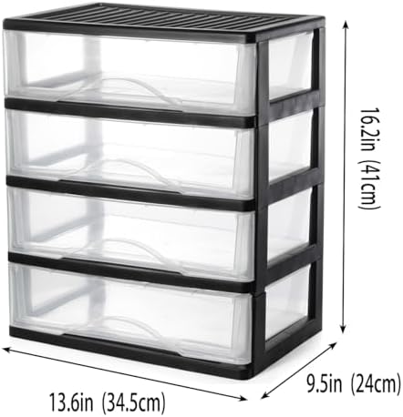 BYCY Medium 4 Drawer Clear Stacking Desktop Organizer for Office Supplies,Stackable Storage Drawers Plastic Storage Bins For Kitchen Cabinets, Pantry, Home Organization (Black, Medium 4Drawer)