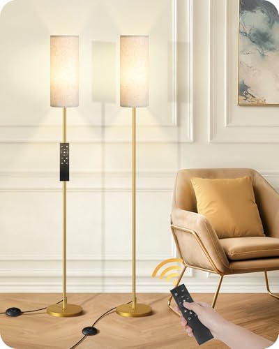 Set of 2 Dimmable Floor Lamps for Living Room with 2 Remotes and Foot Switch, Modern Standing Tall Lamp, Corner Lamp for Bedroom, Bulb Included, 3000K-6500K, Beige and Gold DE06LDP205W1