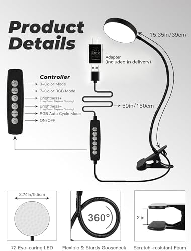 Clip on Light,10 RGB Colors+10 Brightness Small Desk Lamp with Clamp Light