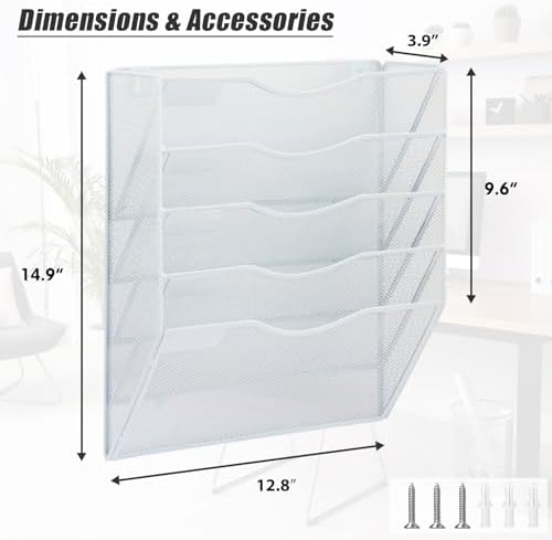 EASEPRES 5 Pocket Mesh Hanging Wall File Organizer, Wall Mounted Mail Paper Document Folder Holder, Clipboard Storage Organization Magazine Rack with Nametag Label for Office Home School, White