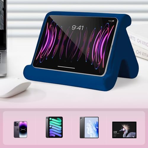 Universal Multi-Angle Tablet Stand Holder-Soft Pad Stand with black phone holder for Lap,Knee,Sofa and Bed,Compatible with iPad Pro 9.7,10.5,12.9 Air Mini 4 3,Kindle,Galaxy Tab,E-Reader (Navy Blue)