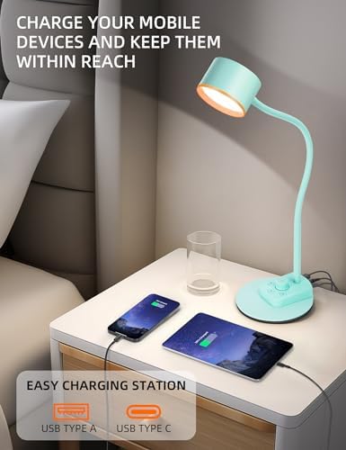 LiFMIRA Desk Lamp, Bedside Reading Lamp with USB C + A Charging Ports Teal