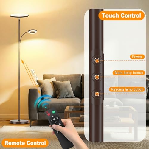marctronic Warm Brown Floor Lamp, 42W 4000LM Super Bright, Stepless Dimmable & Memory Function, Standing Reading Lamp with Remote & Touch Control for Living Room/Bedroom
