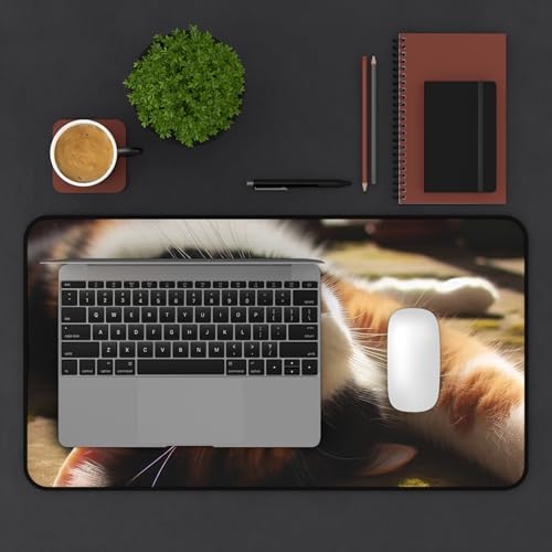 Calico Cat Desk Mat - Stretching Lazily in a Patch of Sun - Premium Rubber Base