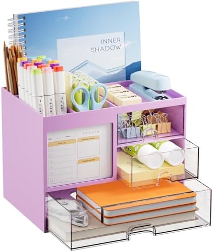 Marbrasse Desk Organizer with 3 Drawer, Multi-Functional Pencil Pen Holder, Desk Organizers and Accessories with 4 Compartments,Desktop Organizer Storage for Office Home Art Supplies (Purple)