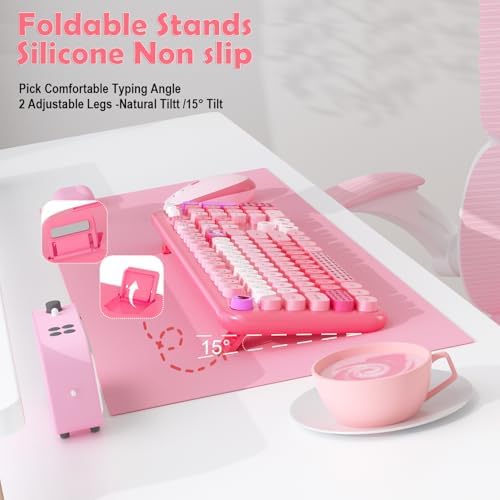 Wireless Keyboard Mouse,104 Full Size Cute Colorful Keyboard and Mouse with Retro Typewriter for PC/Mac/Laptop/Tablet/Computer/Windows/Microsoft, Pink