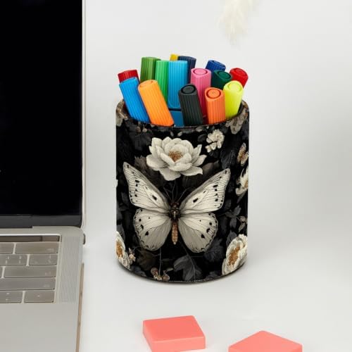 Leather Pen Holder for Desk, White Butterfly Pencil Cup Pen Organizer Makeup Brush Holder for Office Home Kids Countertop Desk Accessory Storage
