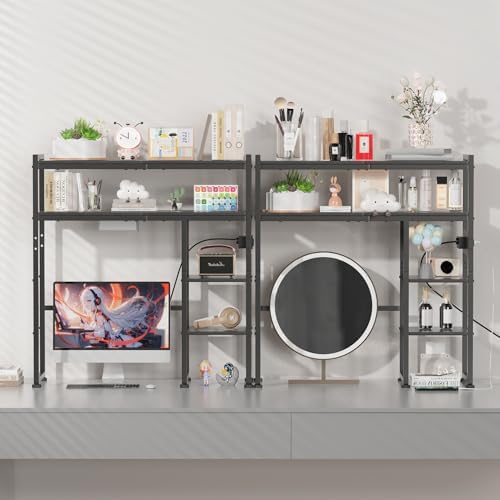 Aetheris Desktop Organizer Shelf, 30" Wooden Office Storage Rack with Outlets, Display Shelf Rack with Light Strip, 5 Tier Desktop Display Rac, Desk Shelf, Desk Hutch for Computer Monitor (Black)