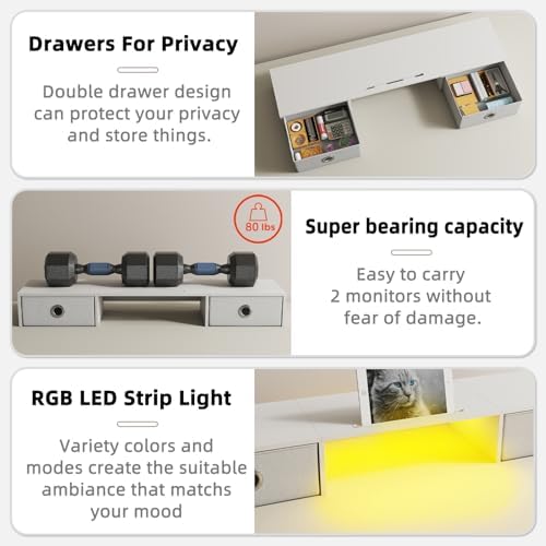 YAOHUOO Dual Monitor Stand with LED Light 2 Drawers, Computer Monitor Riser for 2 Monitors, Large Desktop Organzier with Storage for PC/Laptop/Computer/TV Screen/Printer