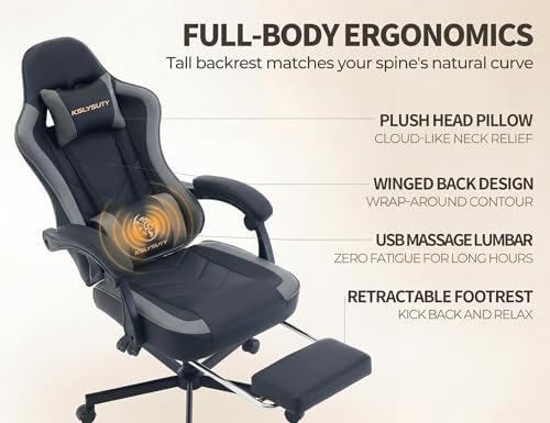 Office Desk Computer Gaming Chair for Adults, Ergonomic High Back Gamer Chair with Massage and Pocket Spring Cushion, Swivel Comfy Video Game Chairs with Footrest and Lumbar Support (Black Grey)