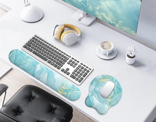 eulps Mouse Pad Wrist Support, Ergonomic Memory Foam Keyboard Wrist Pad & Gel Wrist Rest Set for Computer Keyboard for Easy Typing & Pain Relief for Office & Home(Blue Marble Set)