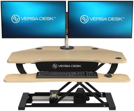 VERSADESK PowerPro 36 Inch Electric Corner Standing Desk Converter, Motorized Height Adjustable Sit-Stand Desk Riser, Dual Monitor & Laptop Workstation with Keyboard Tray, Maple
