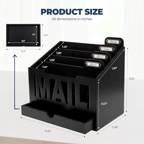 Mail Organizer Countertop, Desktop Mail Sorter with Drawer & Label Tags, BK
