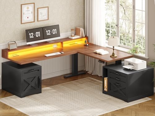 SEDETA Farmhouse L Shaped Standing Desk, 70.1" x 73.2" Height Adjustable Home Office Executive Desk with Drawers, Power Outlet, Monitor Stand, Sit Stand Table with Led Lights for Home Office, Black