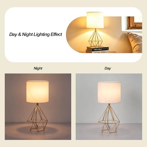 SOTTAE Gold Table Lamps Set of 2, Small Gold End Table Lamp with White Fabric Shade,Bedside Nightstand Lamp with Geometric Metal Design,Modern Desk Lamp for Living Room Bedroom